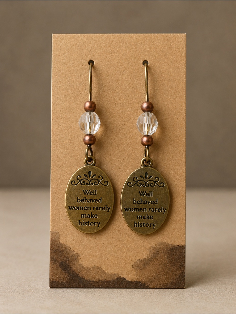 Bronze Oval Quote Drop Earrings - Well Behaved Women